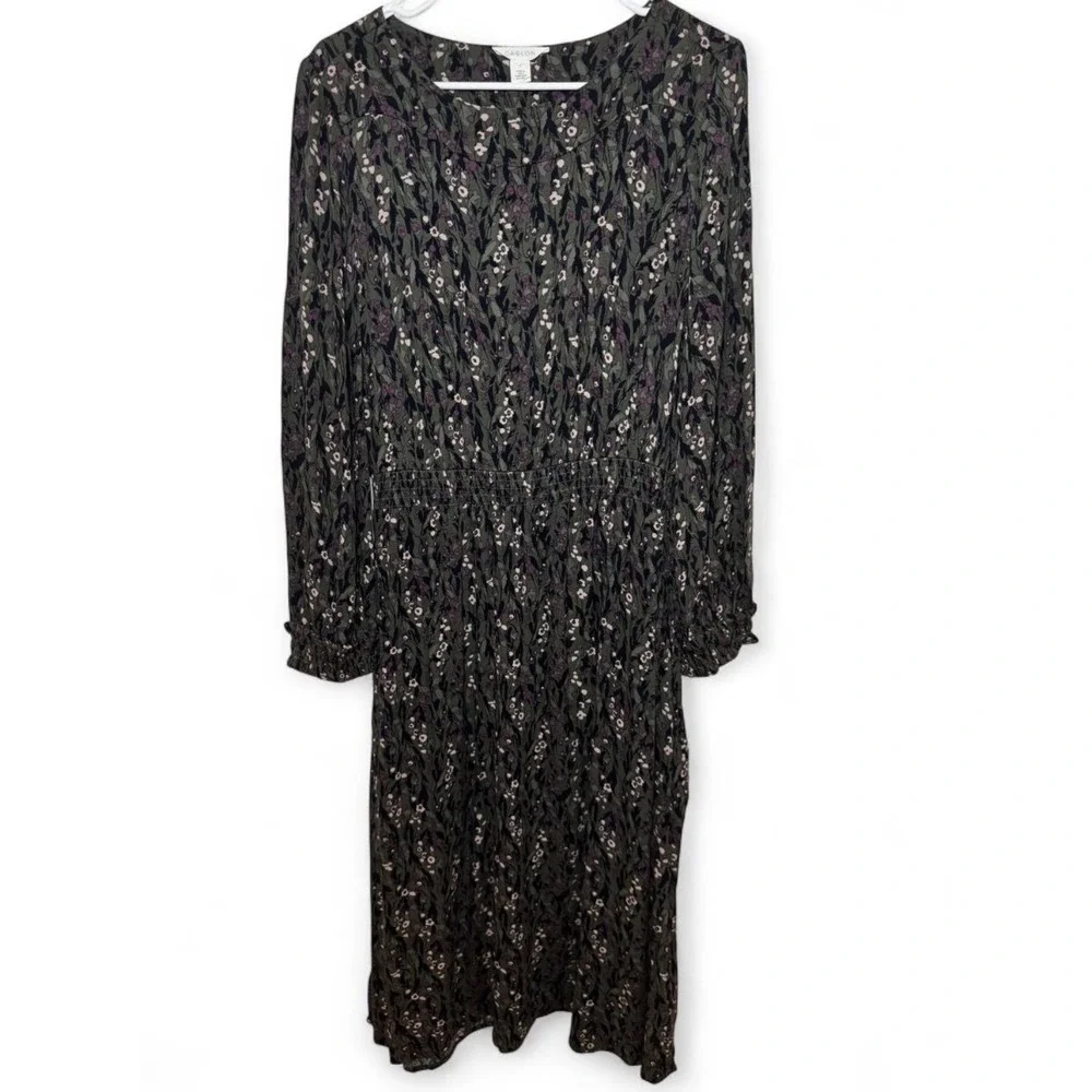 Caslon Womens Green Purple Floral Smocked Waist Long Sleeve Midi Dress Small